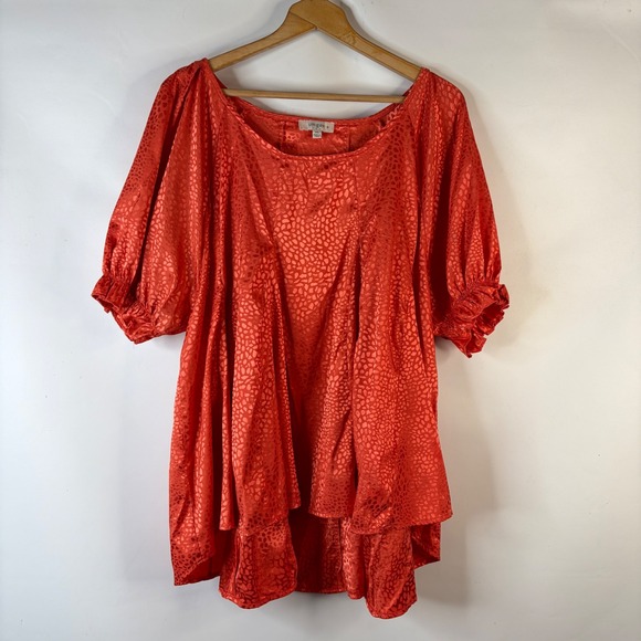 Umgee Tops - Umgee Tunic Top Women 2XL Orange Animal Print Puff Sleeve High Low Satin